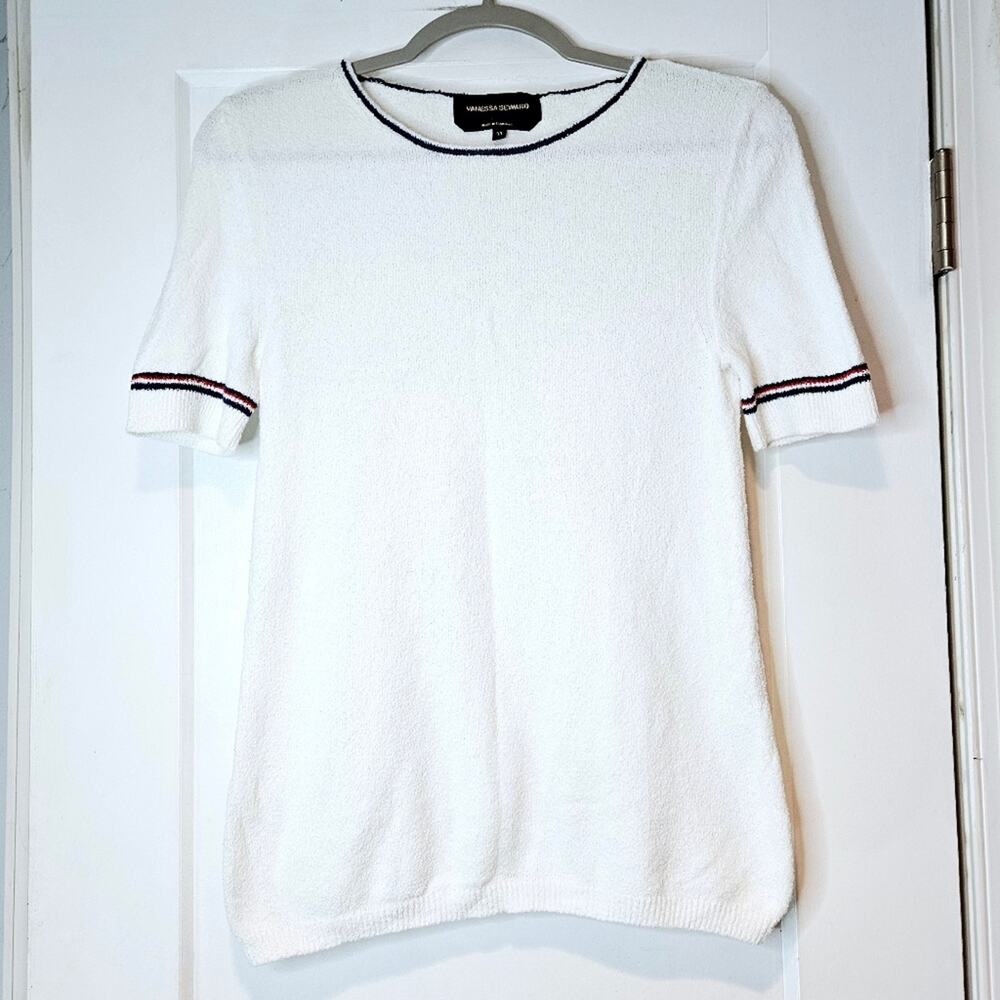 Vanessa Seward Terry Knit Short Sleeve Top Navy Trim EU 38